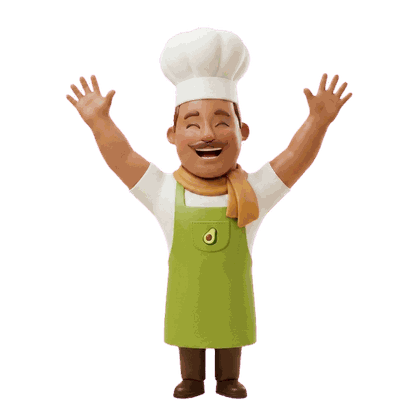 Papa the mascot cheering with both arms raised