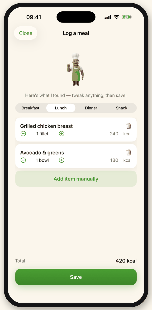 Check-in screen listing recognised items — grilled chicken breast and avocado with greens — each with portions and calories that can be adjusted before saving