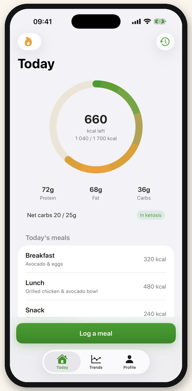 Today screen showing a calorie ring with 660 kcal left, protein, fat and carb totals, a net carbs row marked In ketosis, and the day's meals