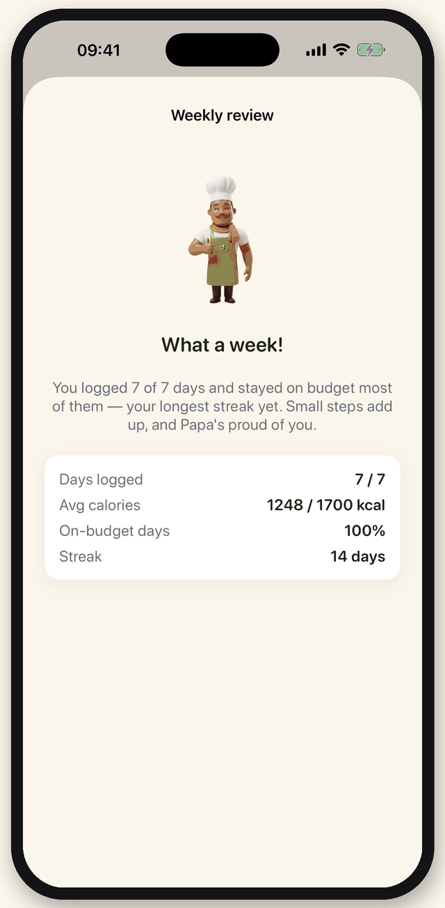 Weekly review screen where Papa recaps the week with days logged, average calories, on-budget days and streak
